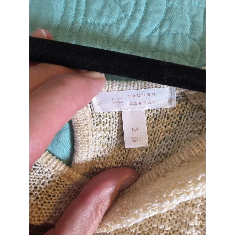 LC Lauren Conrad Cream Pointelle Knit Bell Sleeve‎ Sweater Medium Scoop Neck